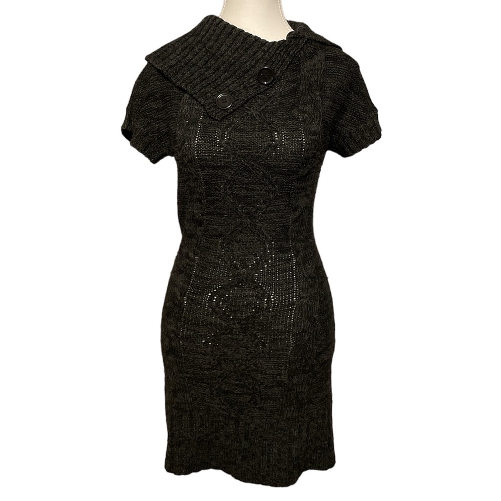 Cable Knit Sweater Dress w/ Foldover Buttoned Neck
